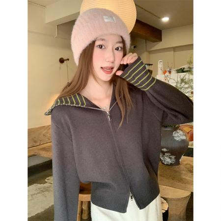 FA47030# 设计感条纹翻领双拉链长袖针织开衫女秋冬新款修身独特百搭小上衣 服裝批發女裝批發服飾貨源