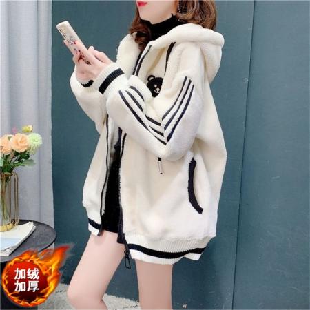 FA47037# 米粒绒复和真超新款秋冬加绒加厚羊羔绒连帽卫衣女外套 服裝批發女裝批發服飾貨源
