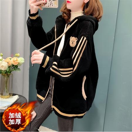 FA47037# 米粒绒复和真超新款秋冬加绒加厚羊羔绒连帽卫衣女外套 服裝批發女裝批發服飾貨源