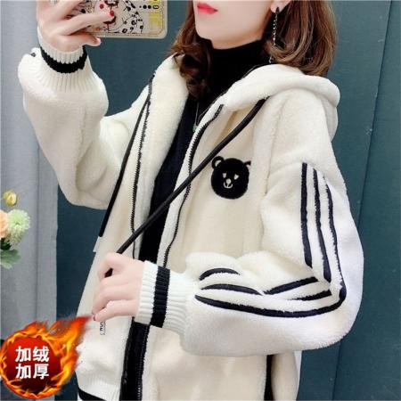 FA47037# 米粒绒复和真超新款秋冬加绒加厚羊羔绒连帽卫衣女外套 服裝批發女裝批發服飾貨源
