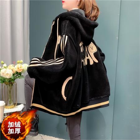 FA47037# 米粒绒复和真超新款秋冬加绒加厚羊羔绒连帽卫衣女外套 服裝批發女裝批發服飾貨源