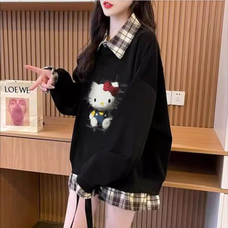 FA47038# 仿华棉复春秋薄款卫衣女假两件大码上衣 服裝批發女裝批發服飾貨源