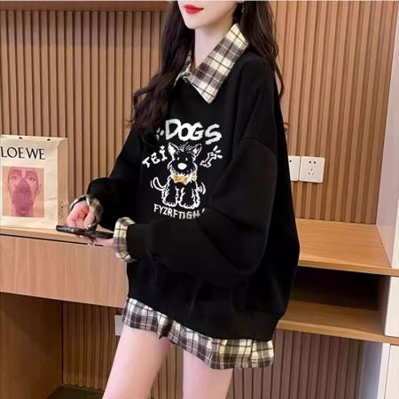 FA47040# 仿华棉复春秋新款假两件卫衣女胖mm大码上衣 服裝批發女裝批發服飾貨源