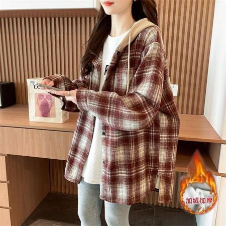 FA47041# 原布格子-后包领复真超加绒抖音质量连帽格子衬衫卫衣外套女 服裝批發女裝批發服飾貨源