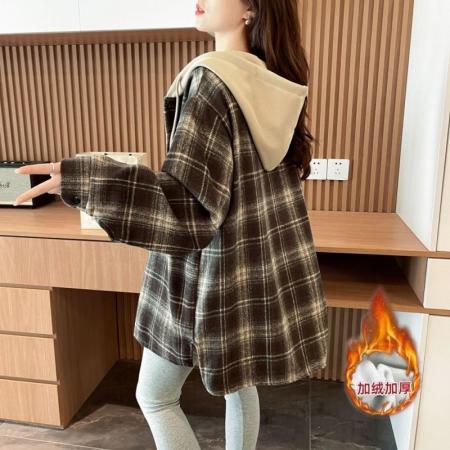 FA47041# 原布格子-后包领复真超加绒抖音质量连帽格子衬衫卫衣外套女 服裝批發女裝批發服飾貨源
