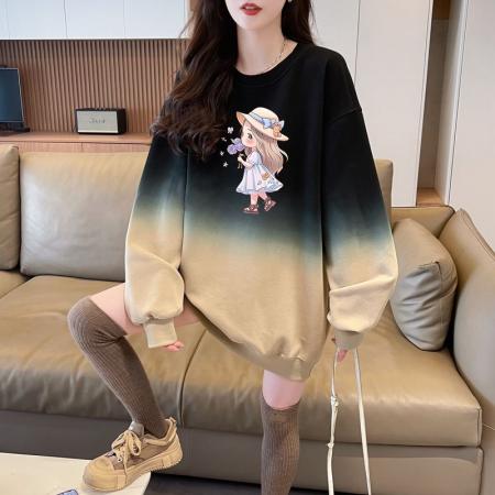 FA47043# 仿华棉复超柔后包领全件压线渐变色圆领加绒卫衣女 服裝批發女裝批發服飾貨源