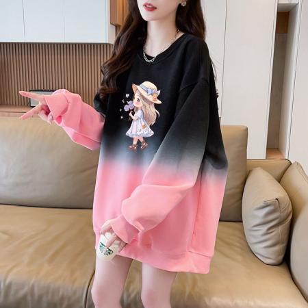 FA47043# 仿华棉复超柔后包领全件压线渐变色圆领加绒卫衣女 服裝批發女裝批發服飾貨源