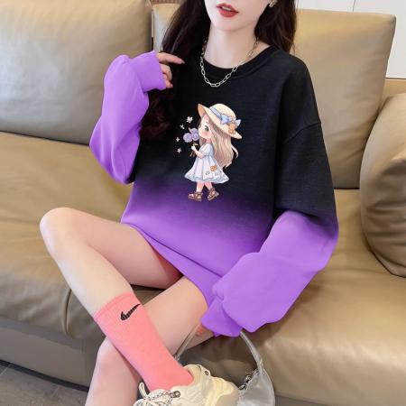 FA47043# 仿华棉复超柔后包领全件压线渐变色圆领加绒卫衣女 服裝批發女裝批發服飾貨源