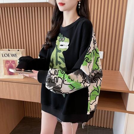 FA47046# 纯棉华棉后包领韩版新款宽松撞色卡通圆领卫衣女 服裝批發女裝批發服飾貨源