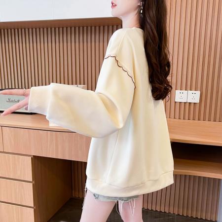 FA47047# 纯棉华棉后包领韩版新款宽松蕾丝拼接圆领卫衣女 服裝批發女裝批發服飾貨源