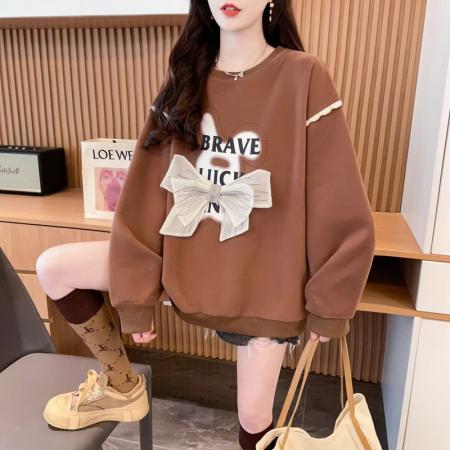 FA47047# 纯棉华棉后包领韩版新款宽松蕾丝拼接圆领卫衣女 服裝批發女裝批發服飾貨源