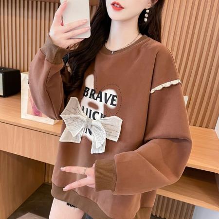 FA47047# 纯棉华棉后包领韩版新款宽松蕾丝拼接圆领卫衣女 服裝批發女裝批發服飾貨源