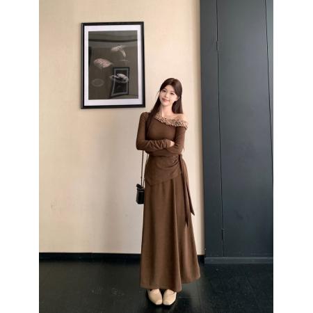 FA47048# 秋季新中式气质蕾丝边修身显瘦不规则两件套上衣+裙子ins 服裝批發女裝批發服飾貨源