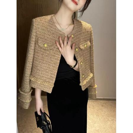 FA47049# 法式时尚套装裙女秋季名媛气质粗花呢小香风外套丝绒连衣裙两件套 服裝批發女裝批發服飾貨源