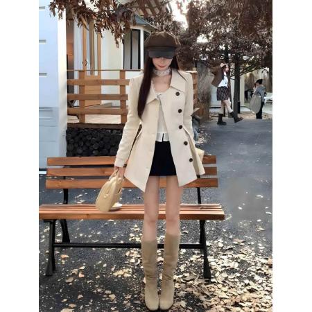 FA47050# 韩系巨好看杏色风衣外套女秋季穿搭气质高级感收腰显瘦中长款大衣 服裝批發女裝批發服飾貨源