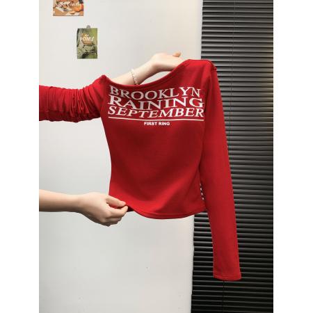 FA47052# 辣妹字母印花斜肩收腰长袖t恤设计感显瘦加绒打底衫洋气上衣 服裝批發女裝批發服飾貨源