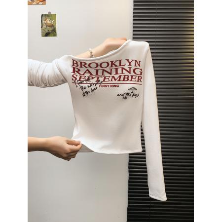 FA47052# 辣妹字母印花斜肩收腰长袖t恤设计感显瘦加绒打底衫洋气上衣 服裝批發女裝批發服飾貨源