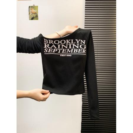 FA47052# 辣妹字母印花斜肩收腰长袖t恤设计感显瘦加绒打底衫洋气上衣 服裝批發女裝批發服飾貨源