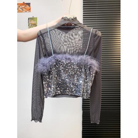 FA47053# 毛毛亮片高领短款上衣冬季内搭打底吊带长袖t恤两件套装 服裝批發女裝批發服飾貨源