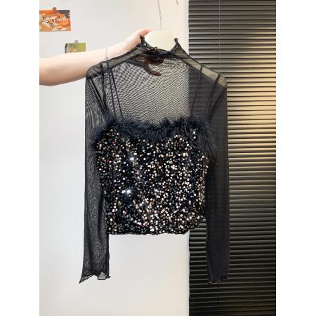 FA47053# 毛毛亮片高领短款上衣冬季内搭打底吊带长袖t恤两件套装 服裝批發女裝批發服飾貨源