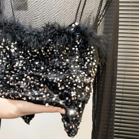 FA47053# 毛毛亮片高领短款上衣冬季内搭打底吊带长袖t恤两件套装 服裝批發女裝批發服飾貨源