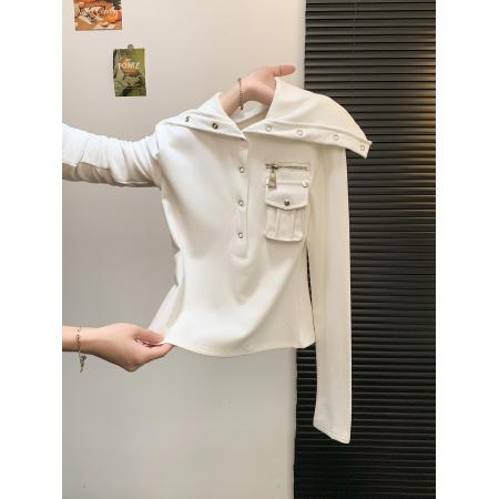 翻领单排扣长袖甜辣T恤衫女秋季新款韩版百搭别致上衣 服裝批發女裝批發服飾貨源