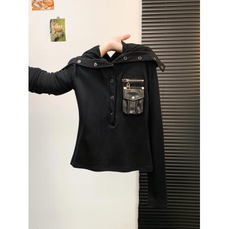 FA47054# 翻领单排扣长袖甜辣T恤衫女秋季新款韩版百搭别致上衣 服裝批發女裝批發服飾貨源