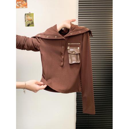 FA47054# 翻领单排扣长袖甜辣T恤衫女秋季新款韩版百搭别致上衣 服裝批發女裝批發服飾貨源