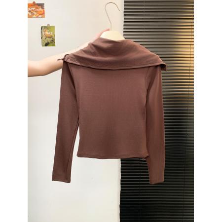 FA47054# 翻领单排扣长袖甜辣T恤衫女秋季新款韩版百搭别致上衣 服裝批發女裝批發服飾貨源