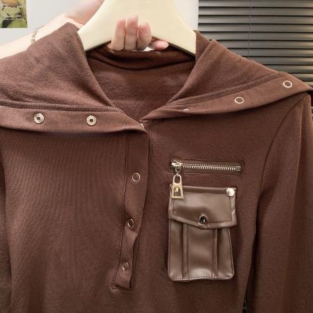 FA47054# 翻领单排扣长袖甜辣T恤衫女秋季新款韩版百搭别致上衣 服裝批發女裝批發服飾貨源