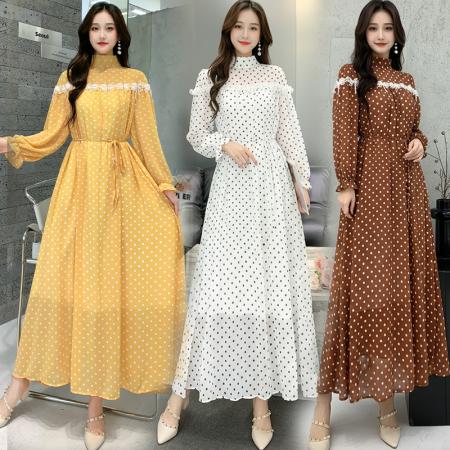 秋季波西米亚波点碎花长裙花边立领长袖连衣裙雪纺名媛淑女大摆裙 服裝批發女裝批發服飾貨源