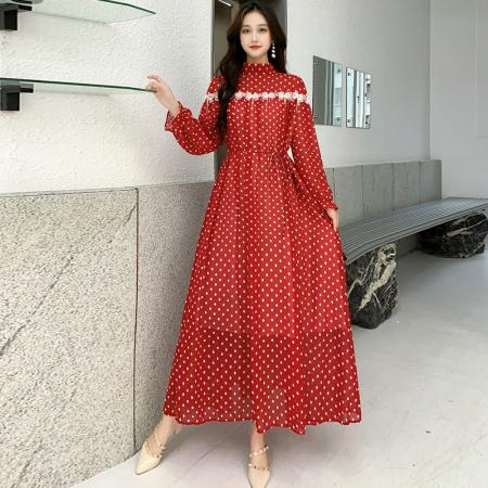 FA47055# 秋季波西米亚波点碎花长裙花边立领长袖连衣裙雪纺名媛淑女大摆裙 服裝批發女裝批發服飾貨源