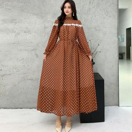 FA47055# 秋季波西米亚波点碎花长裙花边立领长袖连衣裙雪纺名媛淑女大摆裙 服裝批發女裝批發服飾貨源