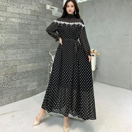FA47055# 秋季波西米亚波点碎花长裙花边立领长袖连衣裙雪纺名媛淑女大摆裙 服裝批發女裝批發服飾貨源