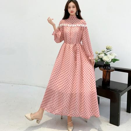 FA47055# 秋季波西米亚波点碎花长裙花边立领长袖连衣裙雪纺名媛淑女大摆裙 服裝批發女裝批發服飾貨源