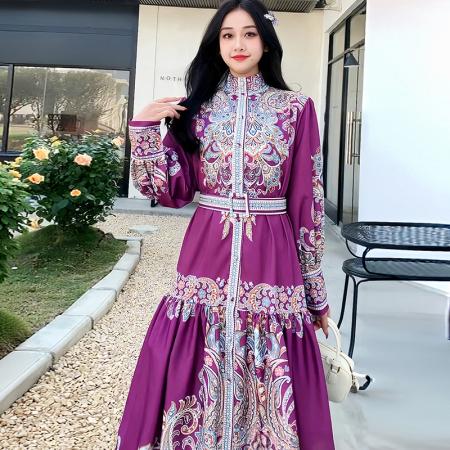 FA47056# 中东迪拜穆斯林长袍秋季立领长袖印花长裙收腰A字裙宫廷风连衣裙 服裝批發女裝批發服飾貨源