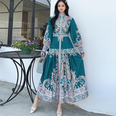 FA47056# 中东迪拜穆斯林长袍秋季立领长袖印花长裙收腰A字裙宫廷风连衣裙 服裝批發女裝批發服飾貨源