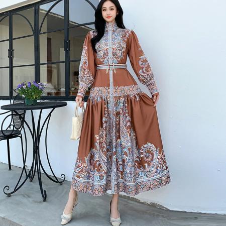 FA47056# 中东迪拜穆斯林长袍秋季立领长袖印花长裙收腰A字裙宫廷风连衣裙 服裝批發女裝批發服飾貨源