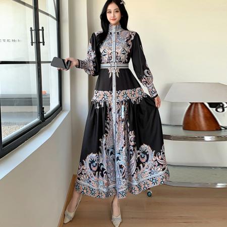 FA47056# 中东迪拜穆斯林长袍秋季立领长袖印花长裙收腰A字裙宫廷风连衣裙 服裝批發女裝批發服飾貨源