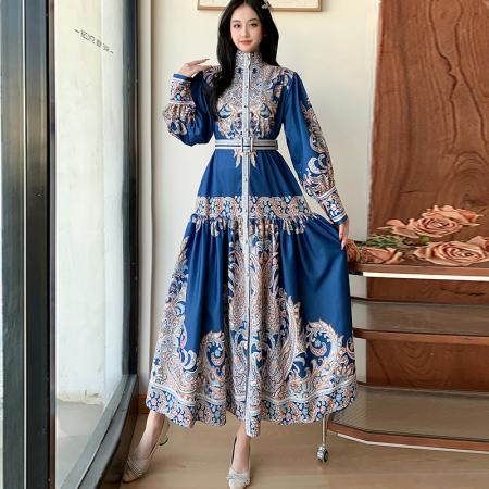 FA47056# 中东迪拜穆斯林长袍秋季立领长袖印花长裙收腰A字裙宫廷风连衣裙 服裝批發女裝批發服飾貨源