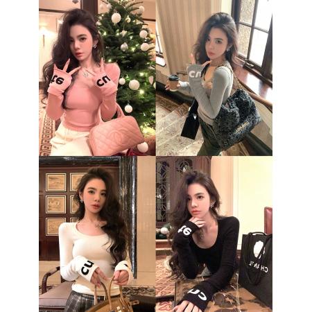 FA47058# 邱肉瑶秋季新款字母印花打底衫纯色修身型显瘦U领内搭长袖T恤女 服裝批發女裝批發服飾貨源