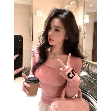 FA47058# 邱肉瑶秋季新款字母印花打底衫纯色修身型显瘦U领内搭长袖T恤女 服裝批發女裝批發服飾貨源