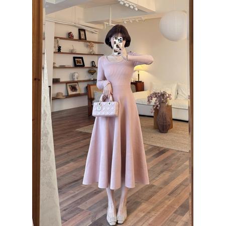 FA47059# 纯欲U领针织连衣裙女收腰显瘦打底裙 服裝批發女裝批發服飾貨源