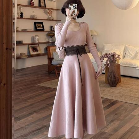 FA47059# 纯欲U领针织连衣裙女收腰显瘦打底裙 服裝批發女裝批發服飾貨源