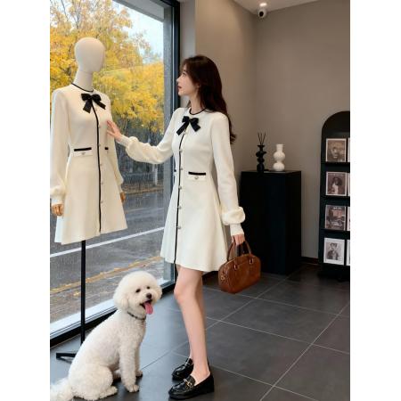 FA47060# 韩国名媛风针织毛衣连衣裙女秋冬高级感蝴蝶结收腰气质小个子短裙 服裝批發女裝批發服飾貨源