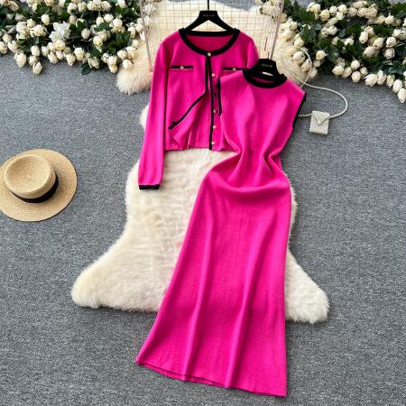 FA47061# 韩国小香风毛衣两件套套装女秋冬高级感针织开衫外套OL打底连衣裙 服裝批發女裝批發服飾貨源