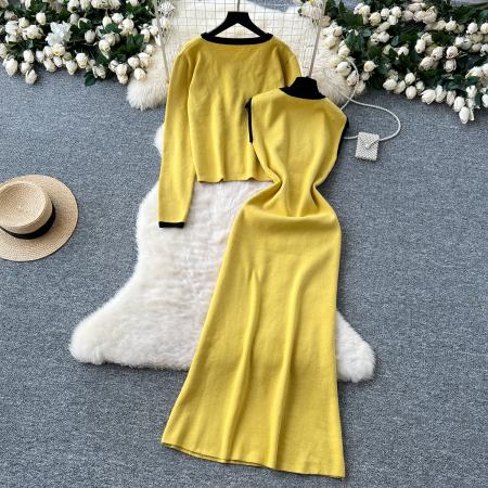 FA47061# 韩国小香风毛衣两件套套装女秋冬高级感针织开衫外套OL打底连衣裙 服裝批發女裝批發服飾貨源