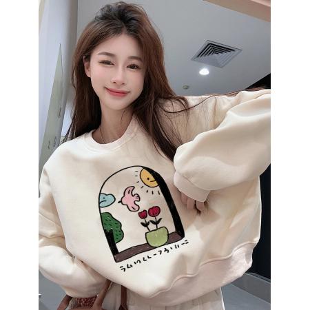 印花短款圆领加绒加厚卫衣 服裝批發女裝批發服飾貨源