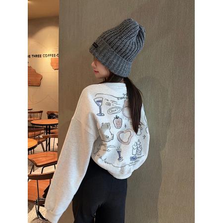 FA47063# 印花短款圆领加绒加厚卫衣 服裝批發女裝批發服飾貨源