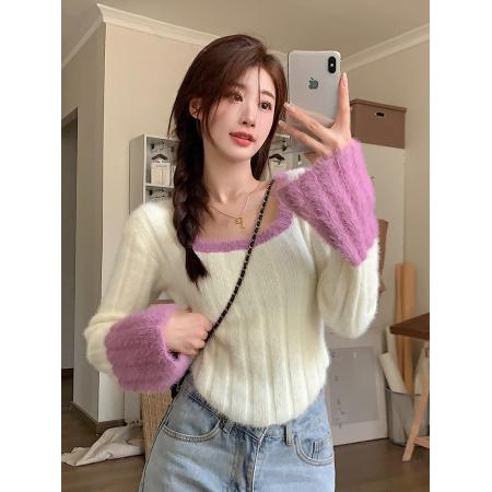 FA47064# 韩系喇叭袖小众纯欲风拼色性感针织衫毛衣 服裝批發女裝批發服飾貨源